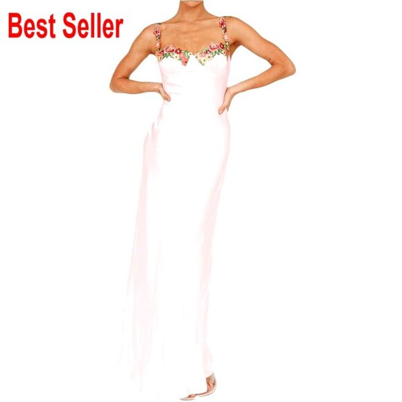 Dresses & Skirts - Satin Spaghetti Strap Maxi Dress Floral Embroidered Backless Slit Formal Elegant